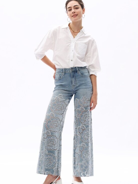 Velvet Cut Out Rhinestone High Rise Wide Leg Jeans - Picture 2 of 9